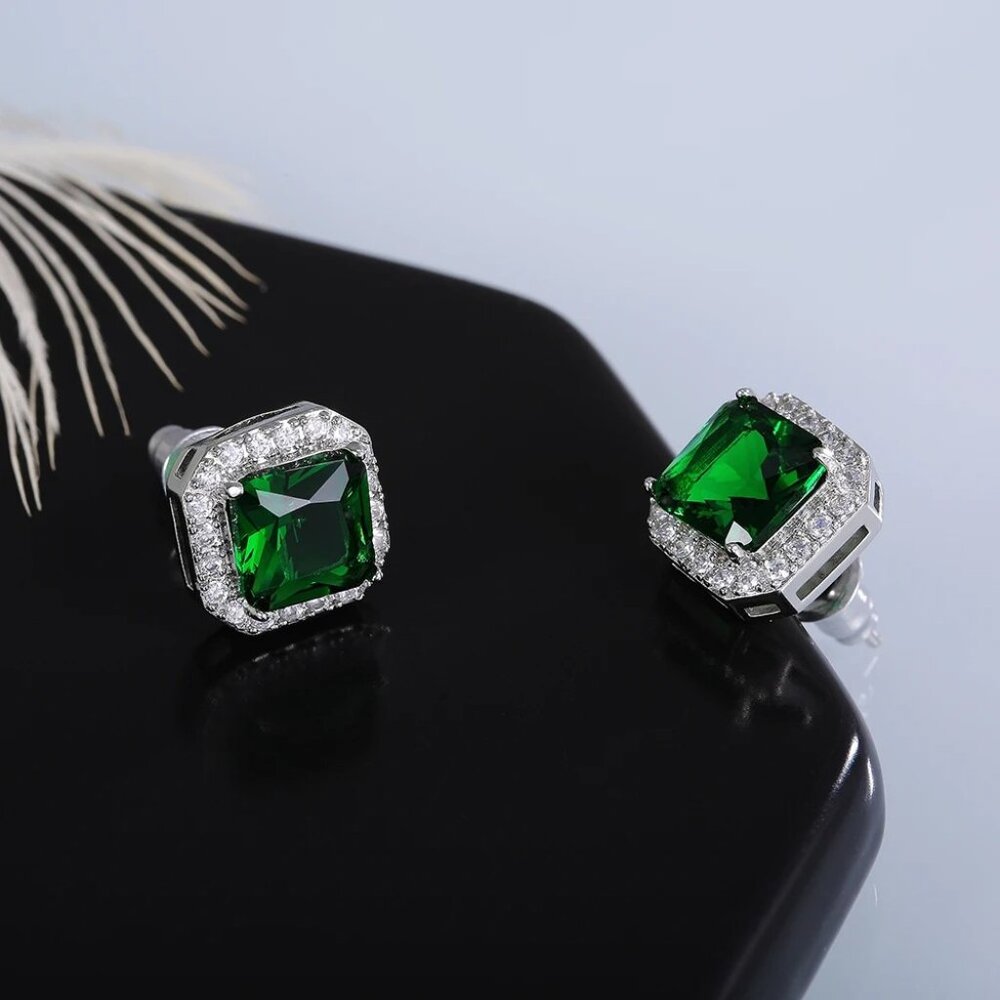 π Green 2.50 Carat Halo Diamond Earring Studs, 18K White Gold Hypoallergenic π - Picture 2 of 6